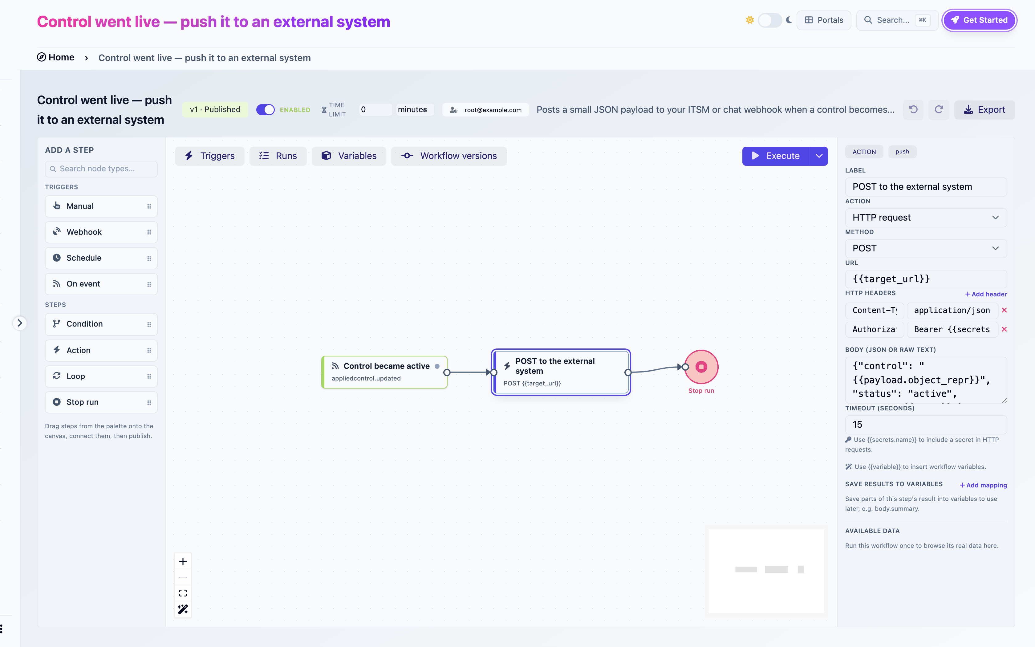 An HTTP request step whose Authorization header references a secret