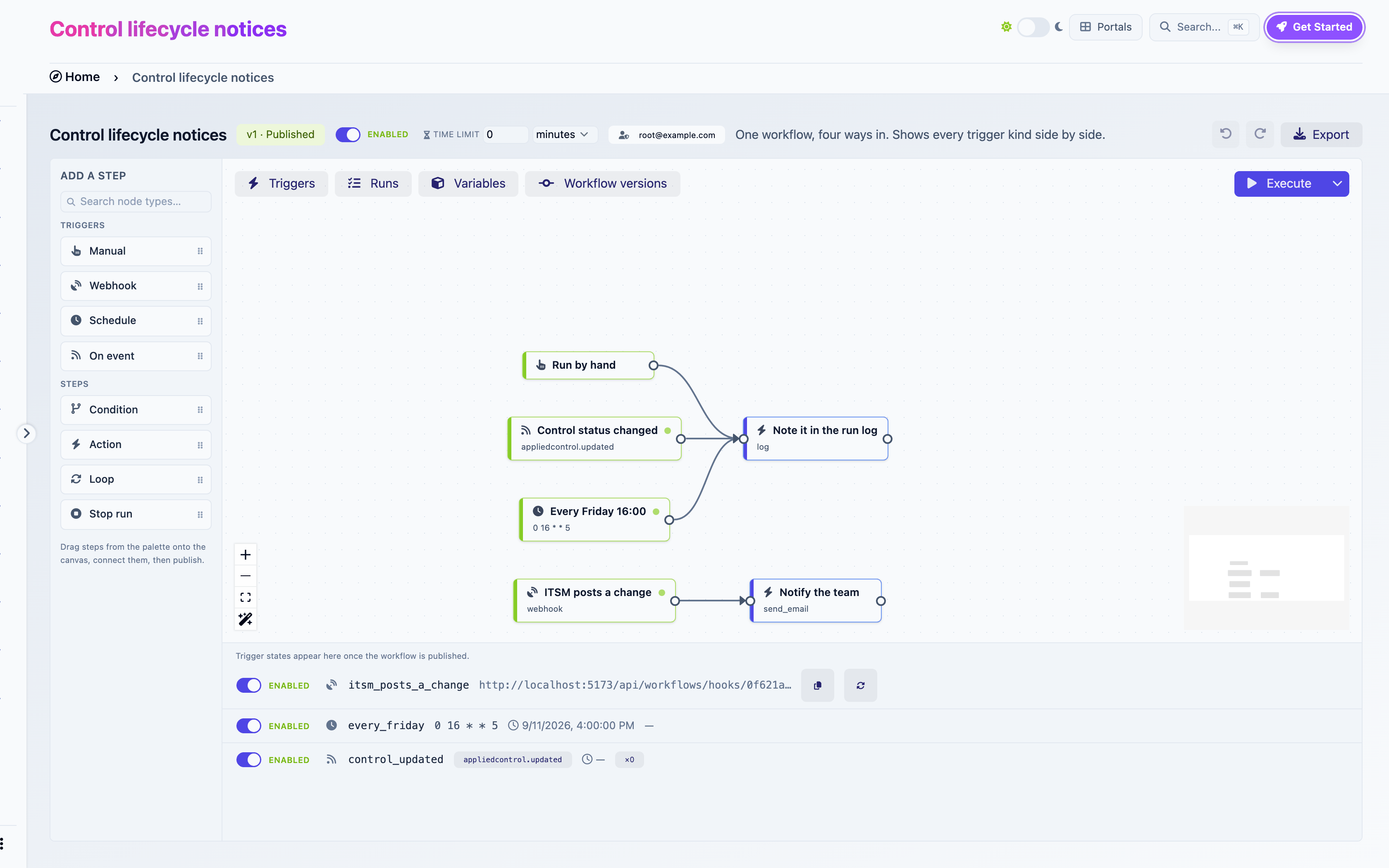 The Triggers panel with a webhook, a schedule and an event trigger
