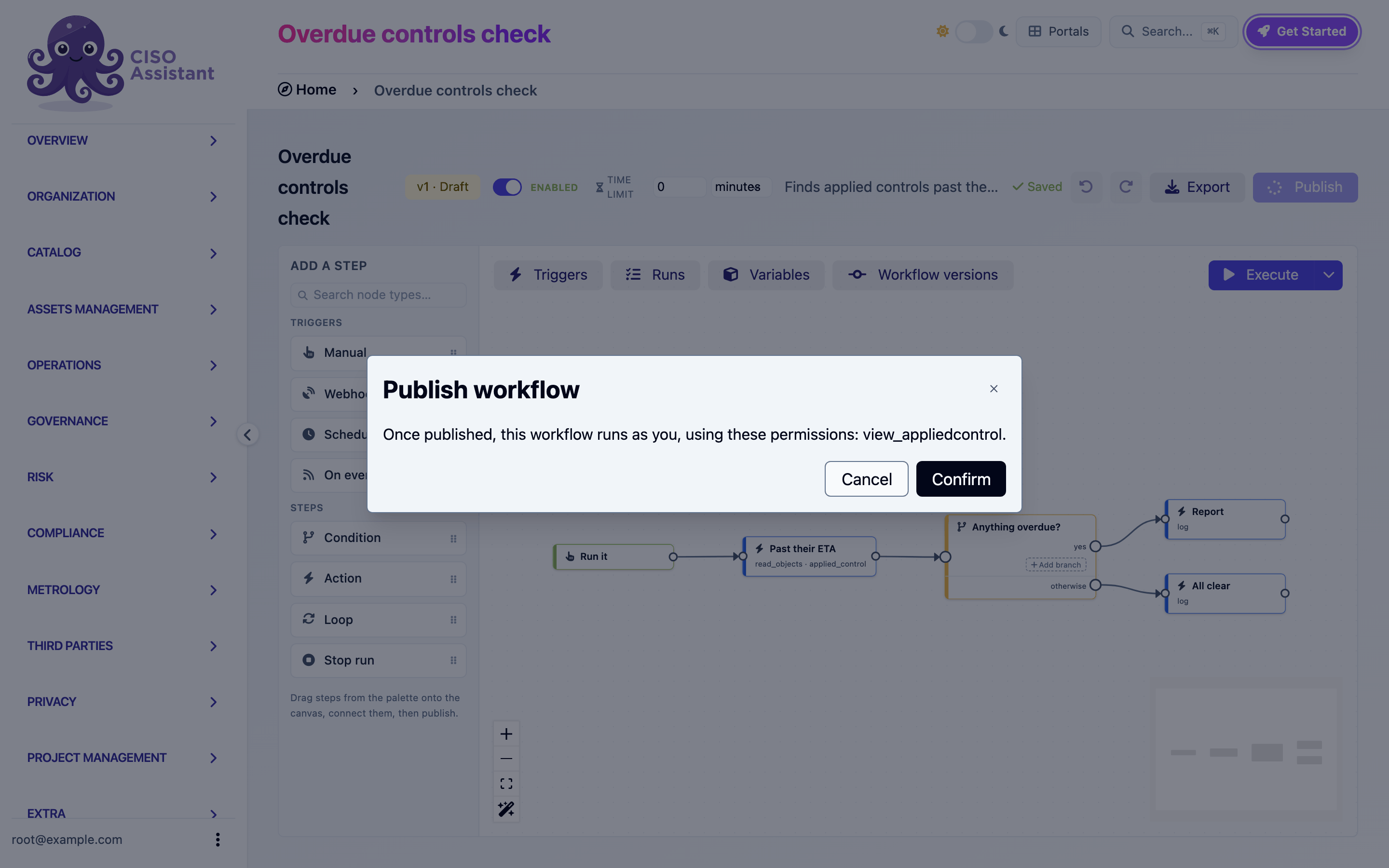 The publish dialog listing the permissions the workflow will use