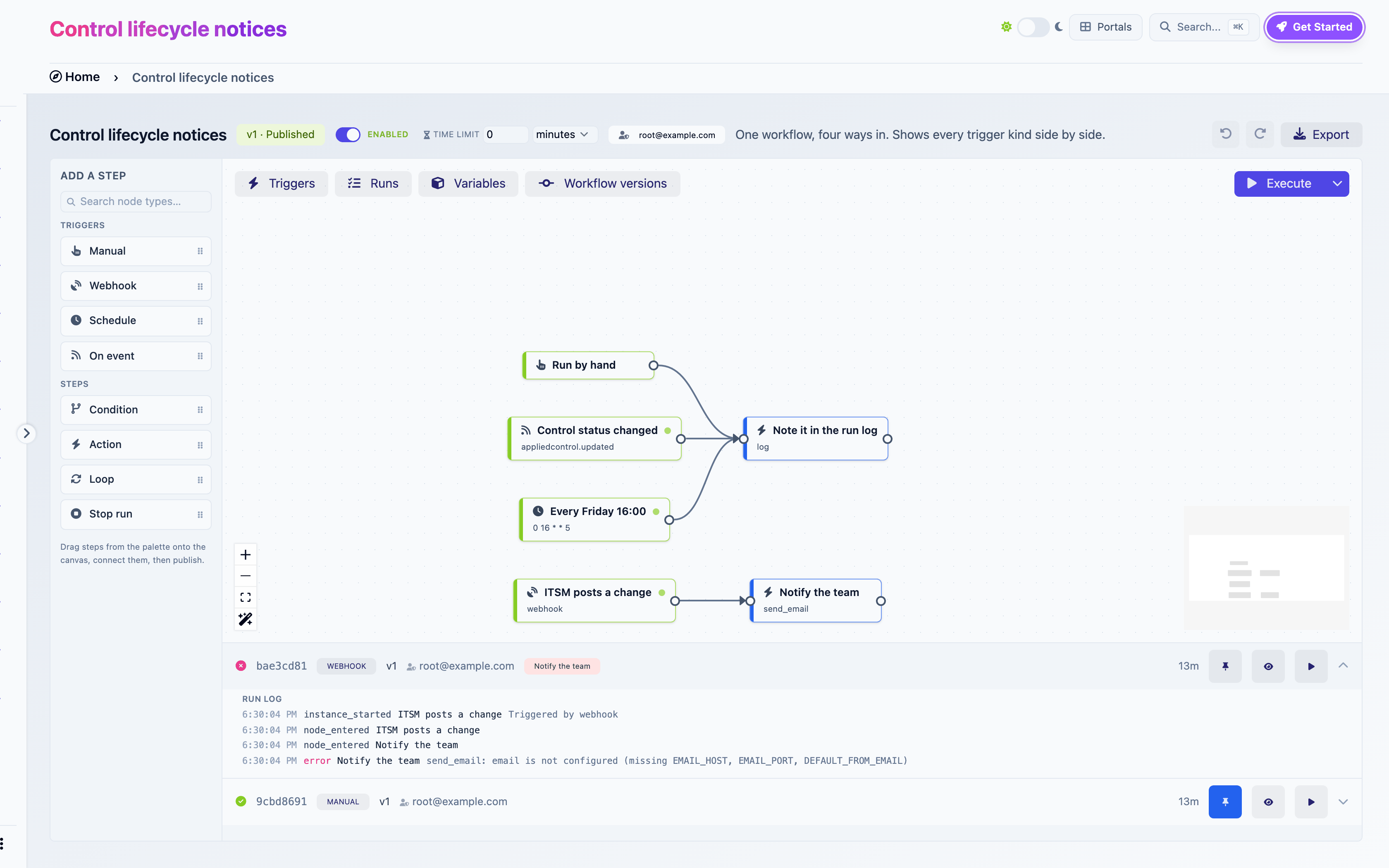 The Runs panel: a failed webhook run expanded to its log, and a completed manual run