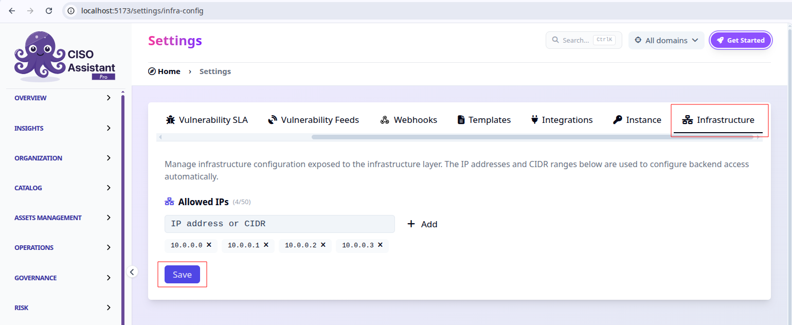 The Infrastructure settings tab showing the Allowed IPs list with add, remove and save controls
