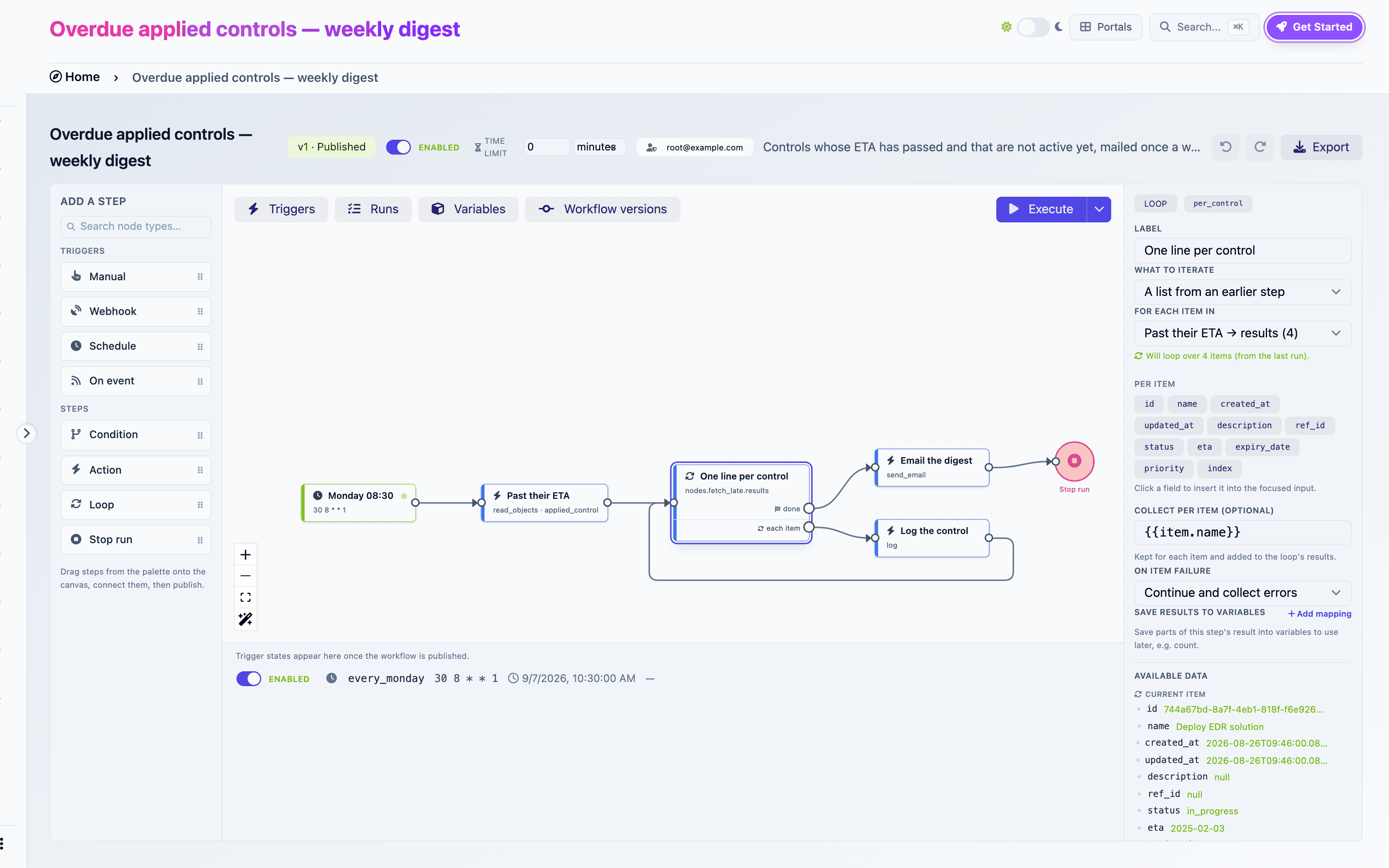 The builder: the weekly digest template open, its loop step selected, the Triggers panel showing the enabled schedule
