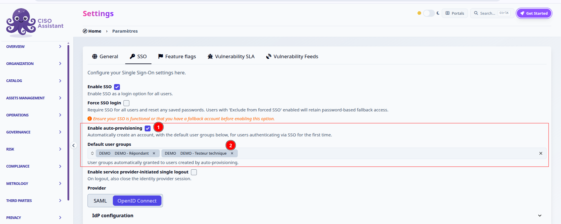 The SSO settings tab showing the Enable auto-provisioning checkbox and the Default user groups selector