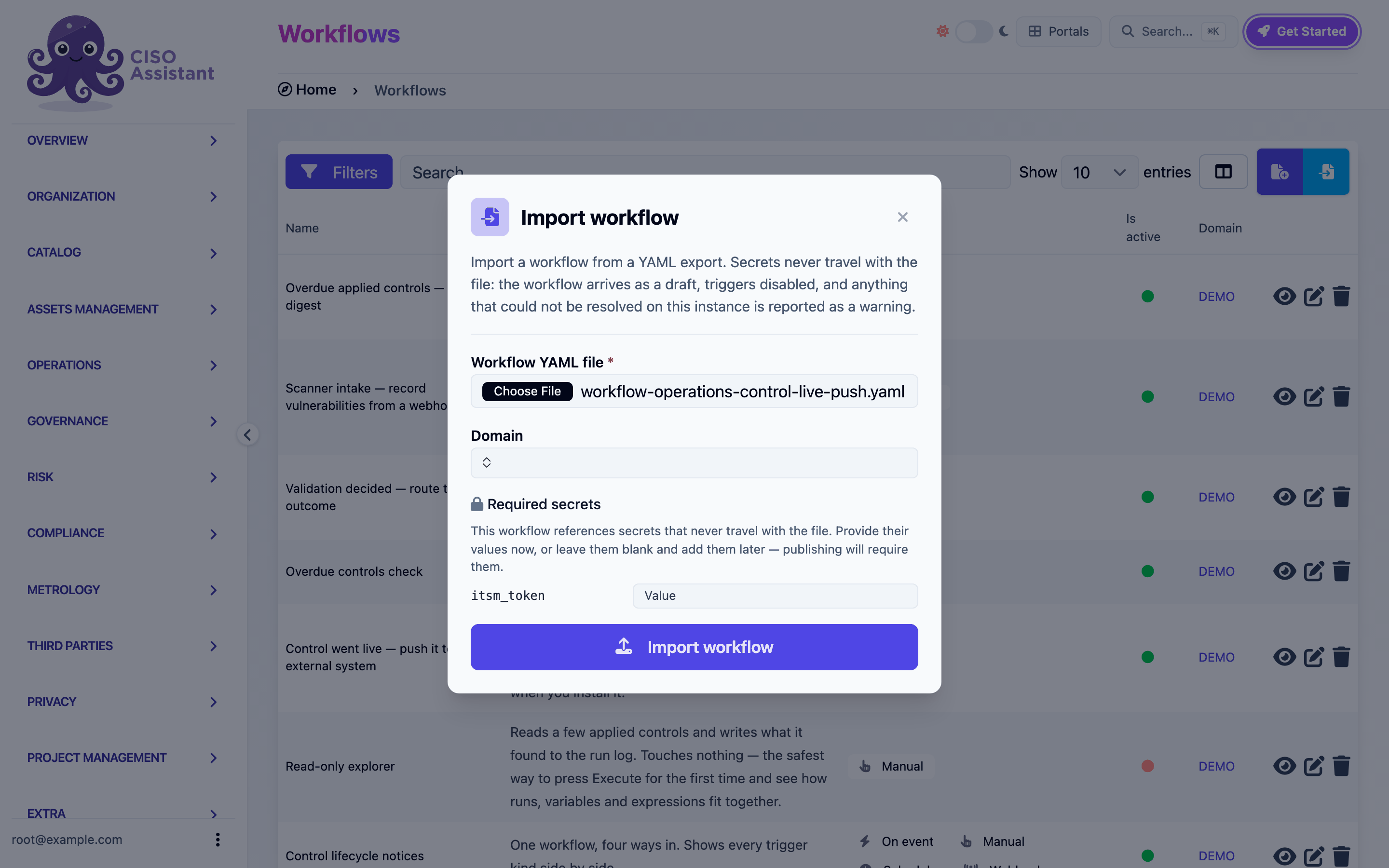 The Import workflow modal